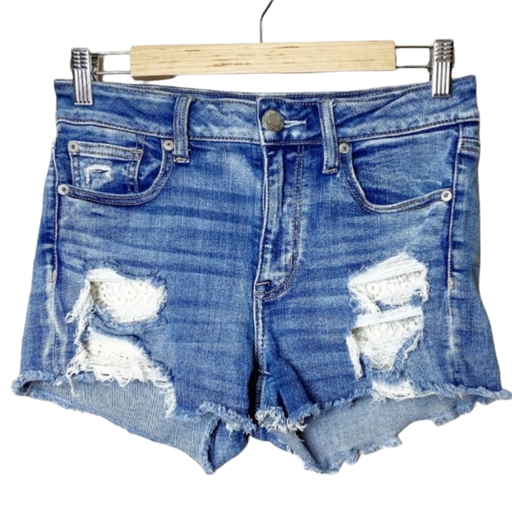 American Eagle High Rise Shortie denim shorts 4 distressed ripped stretch cutoff